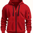 Red Men's Hooded Jacket with Zip-Up Front & Multi-Pocket Design