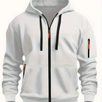 White Men's Hooded Jacket with Zip-Up Front & Multi-Pocket Design - Front Full
