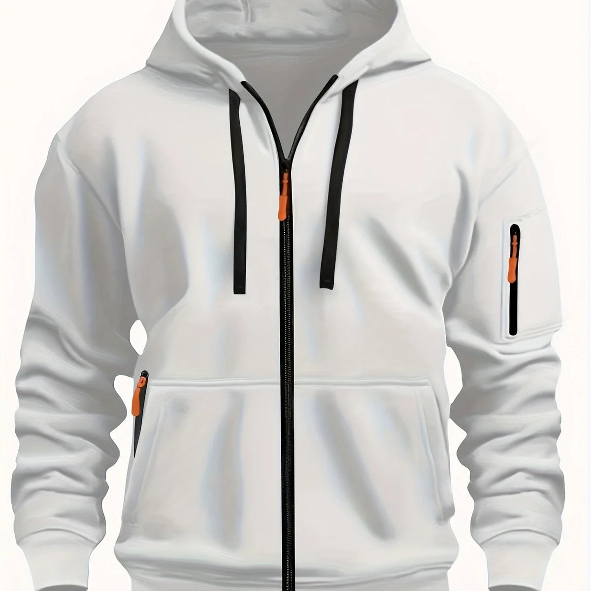 White Men's Hooded Jacket with Zip-Up Front & Multi-Pocket Design - Front Full