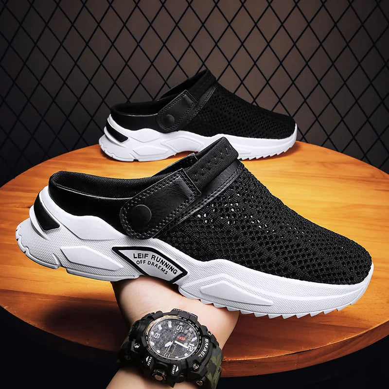 Black Men's Orthopedic Slip-On Sandals with Breathable Mesh & Adjustable Strap - Worn Lifestyle Detail