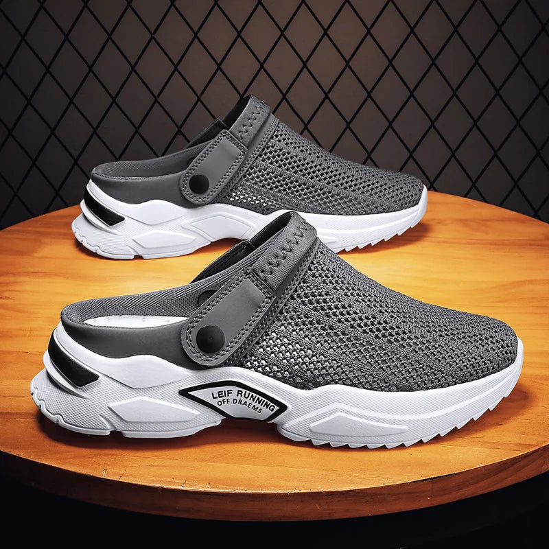 Gray Men's Orthopedic Slip-On Sandals with Breathable Mesh & Adjustable Strap - Side Profile Studio