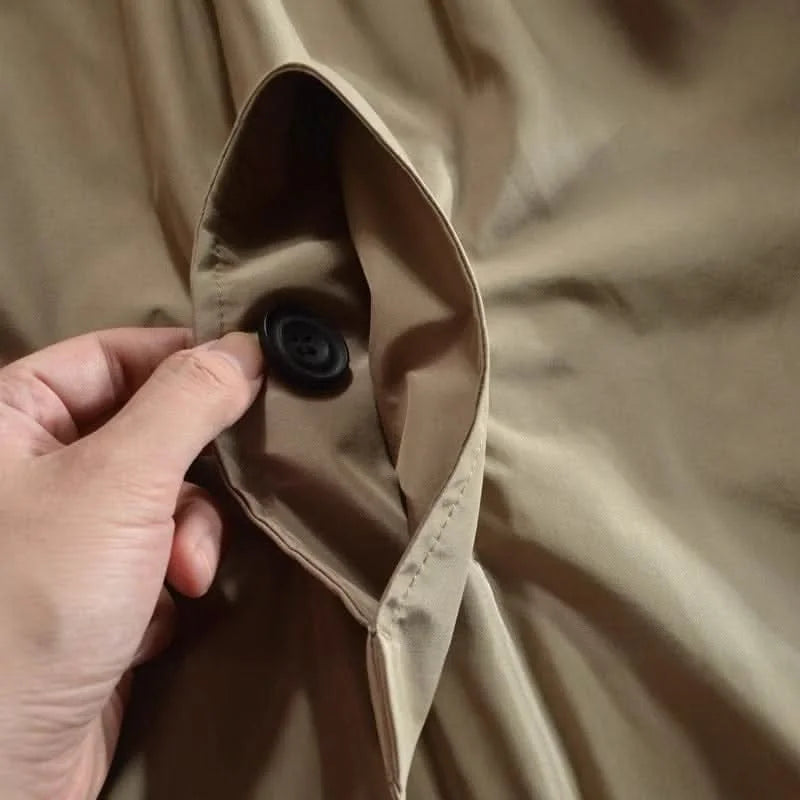 Men's Mid-Length Button-Front Coat with Turn-Down Collar & Side Pockets - Button Hole Close Up