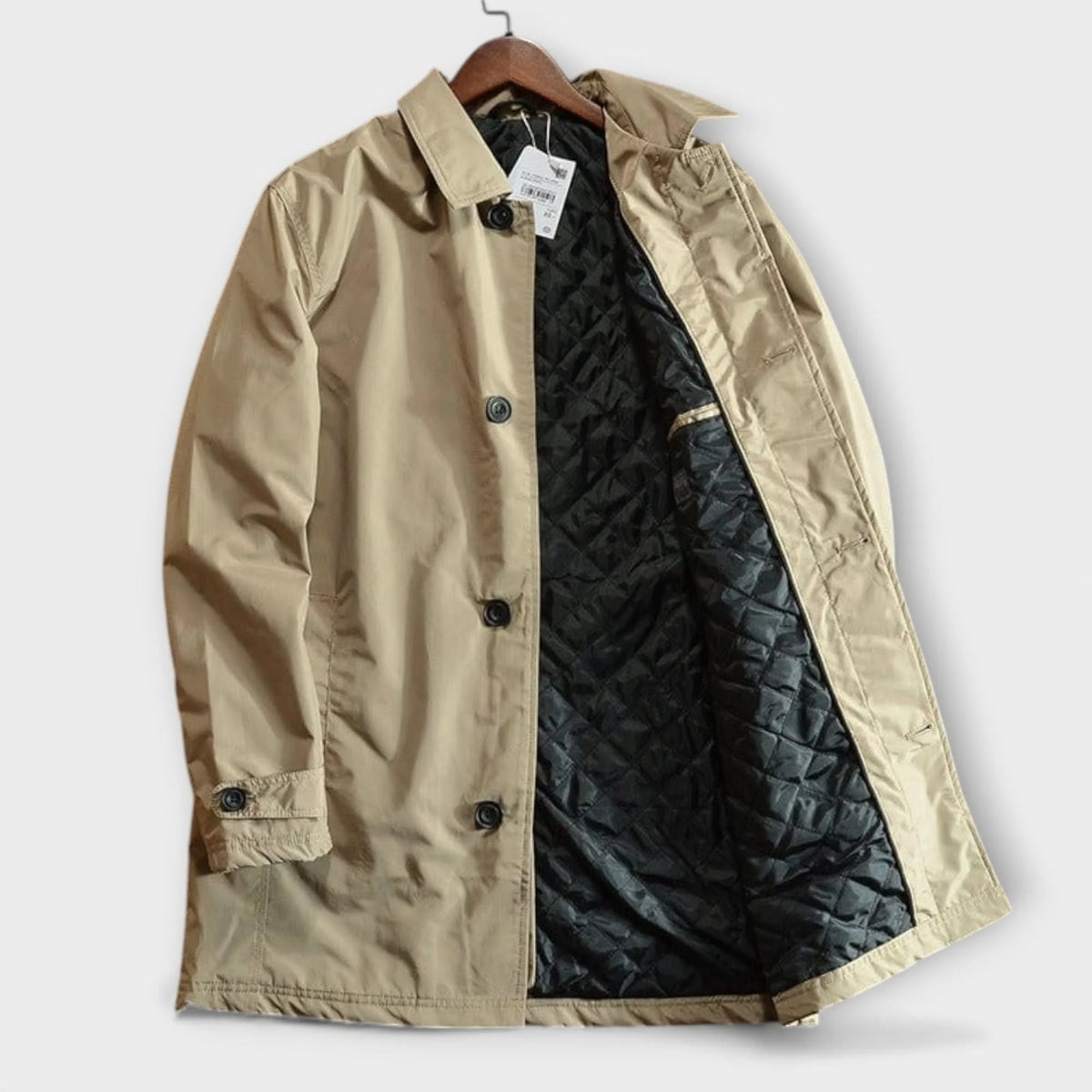 Men's Mid-Length Button-Front Coat with Turn-Down Collar & Side Pockets - Flat Lay Open