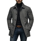 Grey Men's Mid-Length Button-Front Coat with Turn-Down Collar & Side Pockets