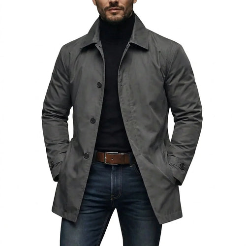 Grey Men's Mid-Length Button-Front Coat with Turn-Down Collar & Side Pockets