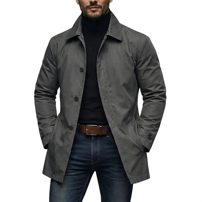 Grey Men's Mid-Length Button-Front Coat with Turn-Down Collar & Side Pockets