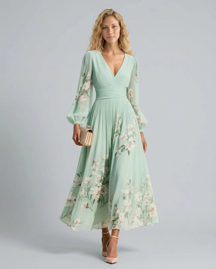 Light Green Women's Floral Midi Dress with V-Neck & Pleated Skirt