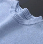 Light Blue Men's Mohair Knit Crew Neck Sweater with Ribbed Cuffs — Brody - Close Up Neckline