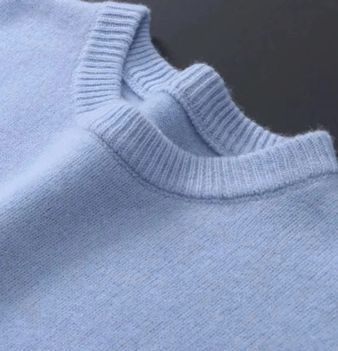 Light Blue Men's Mohair Knit Crew Neck Sweater with Ribbed Cuffs — Brody - Close Up Neckline