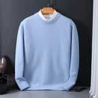 Light Blue Men's Mohair Knit Crew Neck Sweater with Ribbed Cuffs — Brody - Front Full