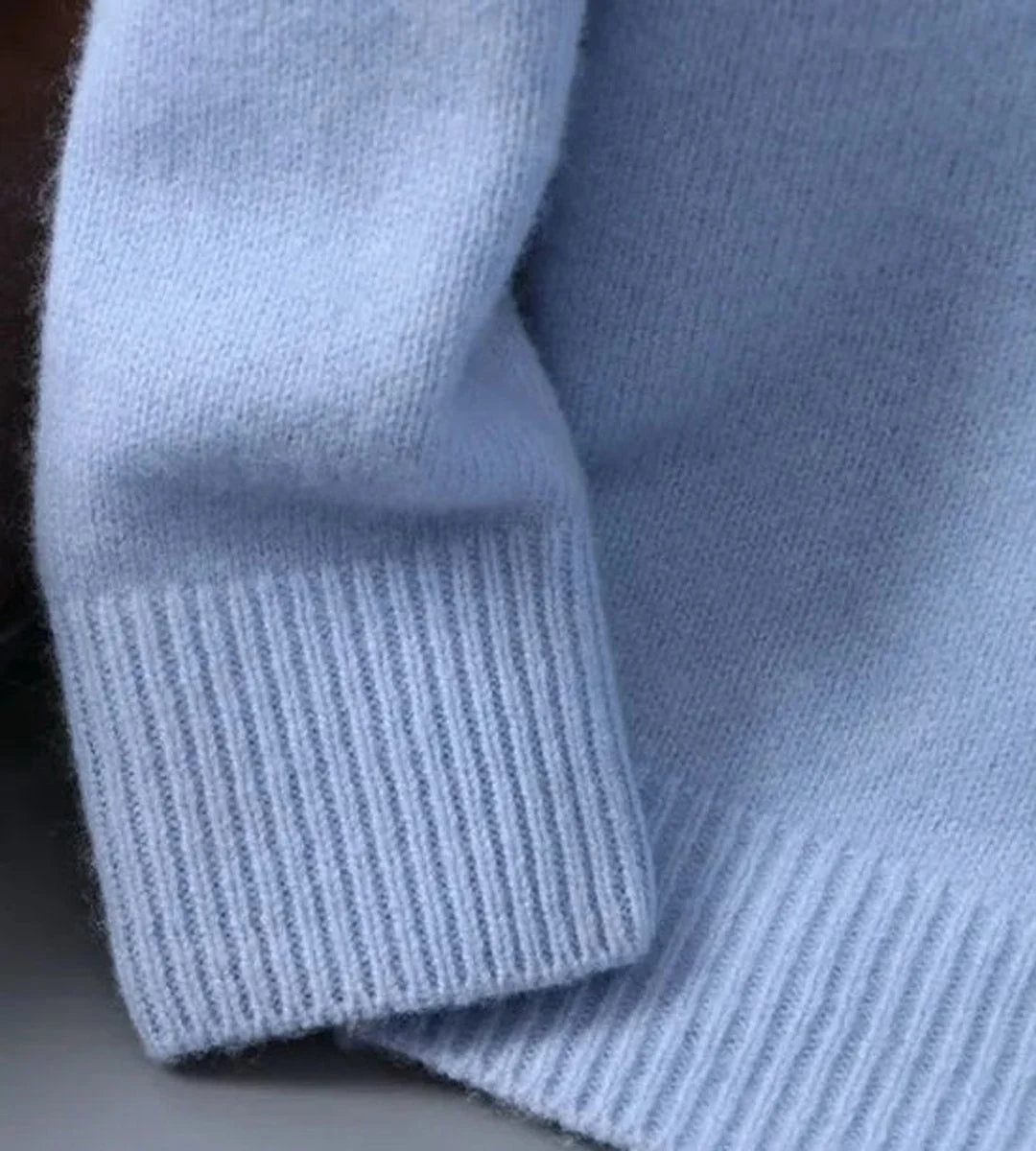 Light Blue Men's Mohair Knit Crew Neck Sweater with Ribbed Cuffs — Brody - Sleeve Cuff Detail