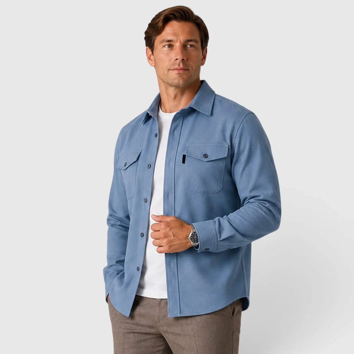 Men's Slim Fit Overshirt with Mandarin Collar & Soft Brushed Cotton Feel
