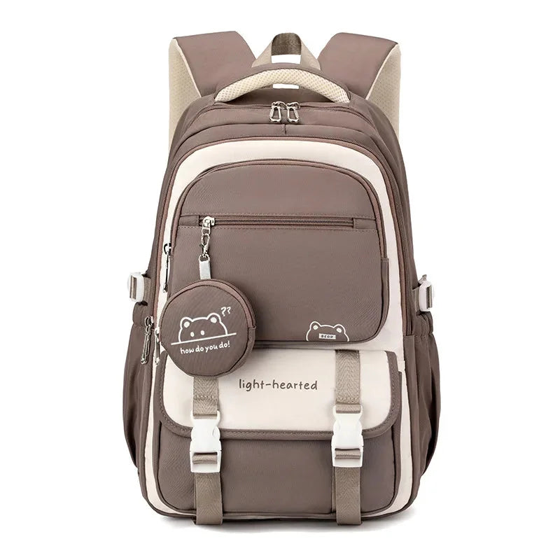 Khaki Women's Multi Pocket School Backpack with Coin Purse & Adjustable Straps