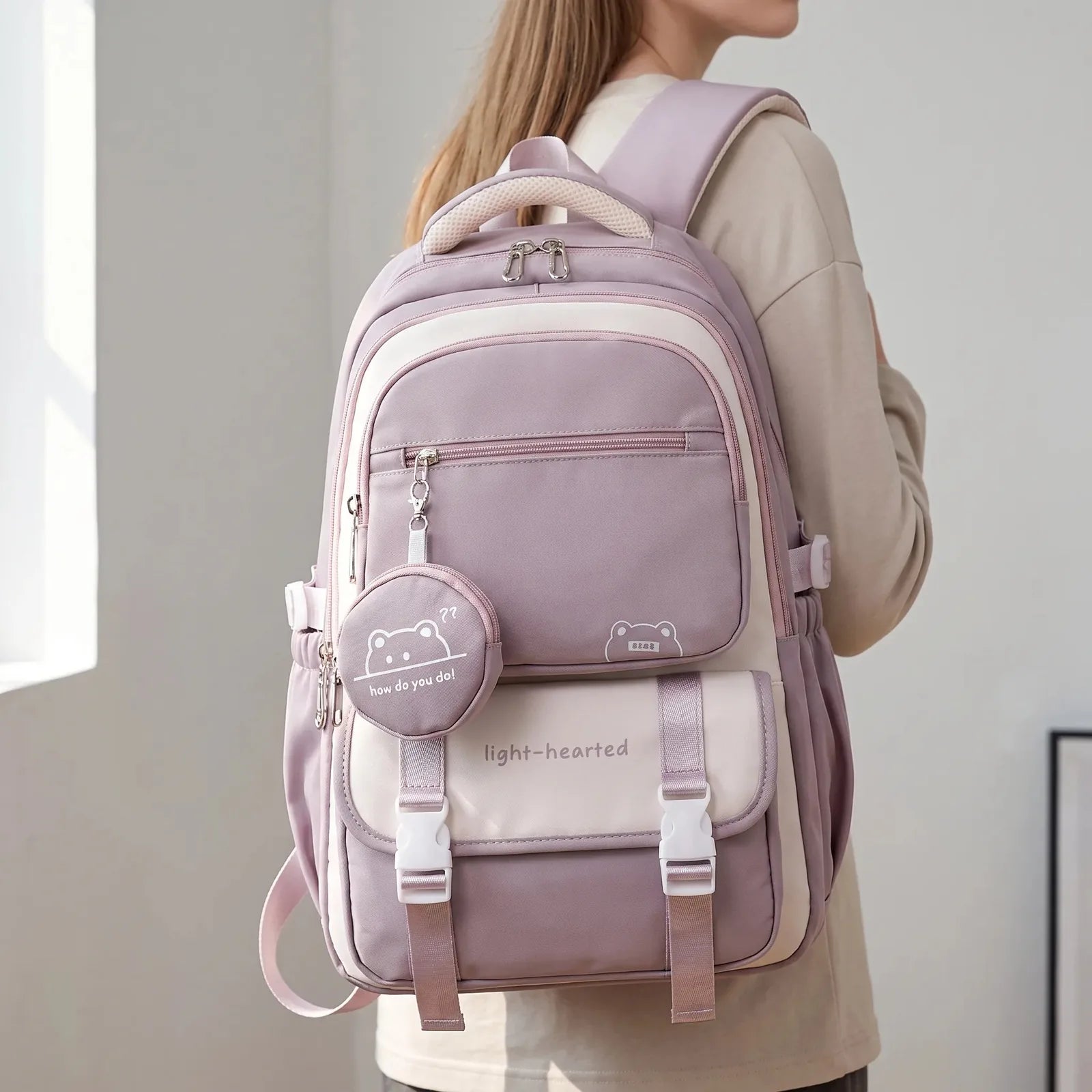 Purple Women's Multi Pocket School Backpack with Coin Purse & Adjustable Straps — Pippa - Worn Lifestyle