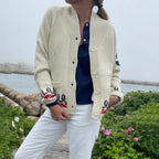 Women's Nautical Knit Cardigan with Whale & Lobster Intarsia Detail - Close Up Front Buttons