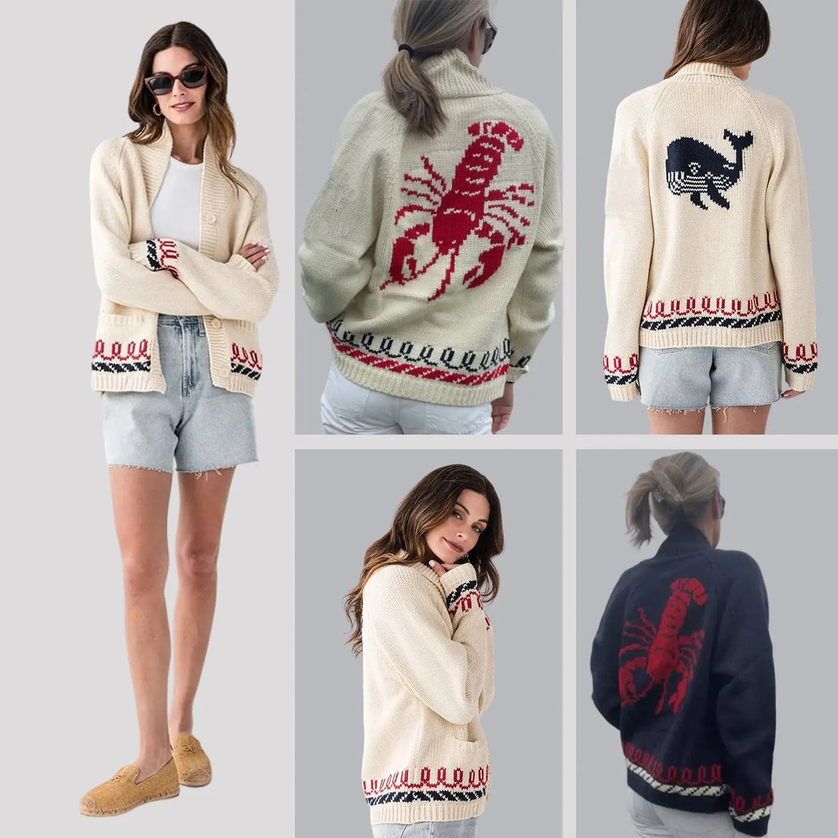 Women's Nautical Knit Cardigan with Whale & Lobster Intarsia Detail - Front Full Collage