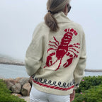 Beige (Lobster) Women's Nautical Knit Cardigan with Whale & Lobster Intarsia Detail - Lobster