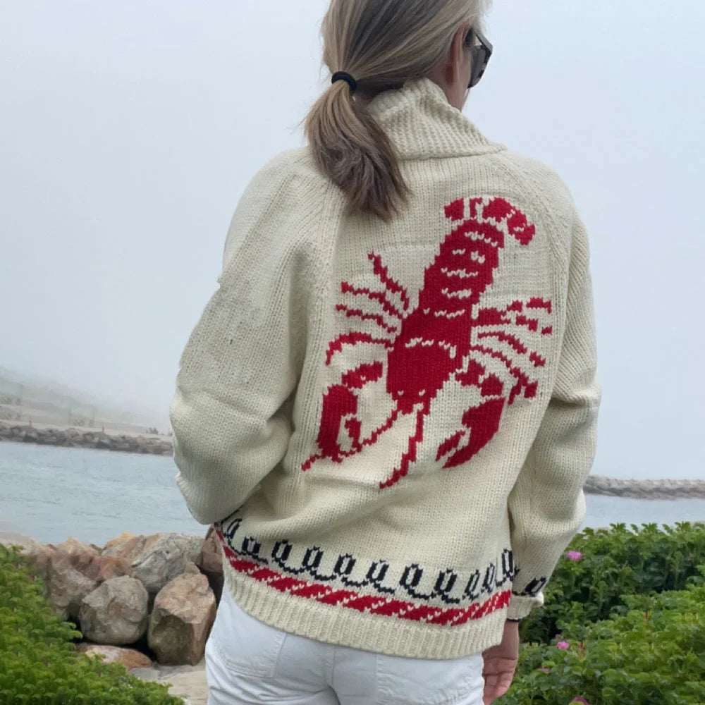 Beige (Lobster) Women's Nautical Knit Cardigan with Whale & Lobster Intarsia Detail - Lobster