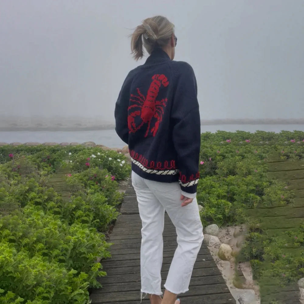 Women's Nautical Knit Cardigan with Whale & Lobster Intarsia Detail - Back Detail Lobster Navy