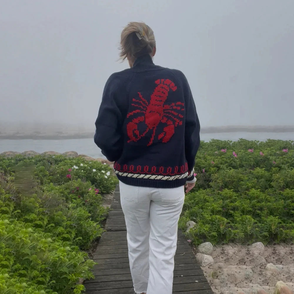 Black (Lobster) Women's Nautical Knit Cardigan with Whale & Lobster Intarsia Detail - Lobster