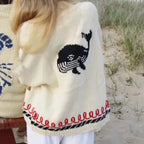 Blue (Wal) Women's Nautical Knit Cardigan with Whale & Lobster Intarsia Detail - Wal