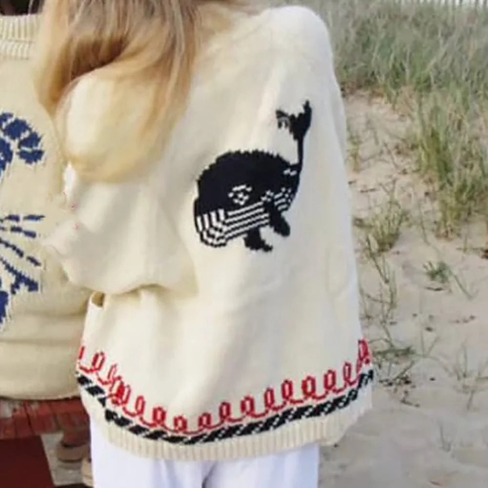 Blue (Wal) Women's Nautical Knit Cardigan with Whale & Lobster Intarsia Detail - Wal