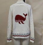 Red (Wal-Motive) Women's Nautical Knit Cardigan with Whale & Lobster Intarsia Detail - Wal Motive