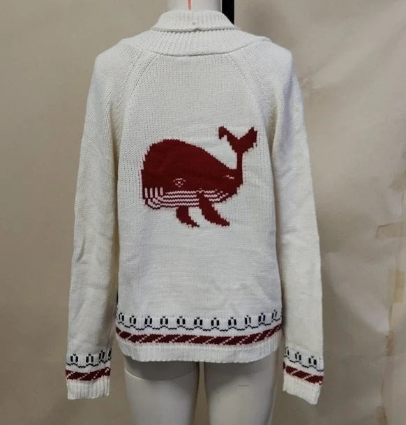 Red (Wal-Motive) Women's Nautical Knit Cardigan with Whale & Lobster Intarsia Detail - Wal Motive