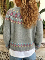 Gray Women's Nordic Fair Isle Cardigan — Dora Knit Button-Front V-Neck - Back Worn Hair