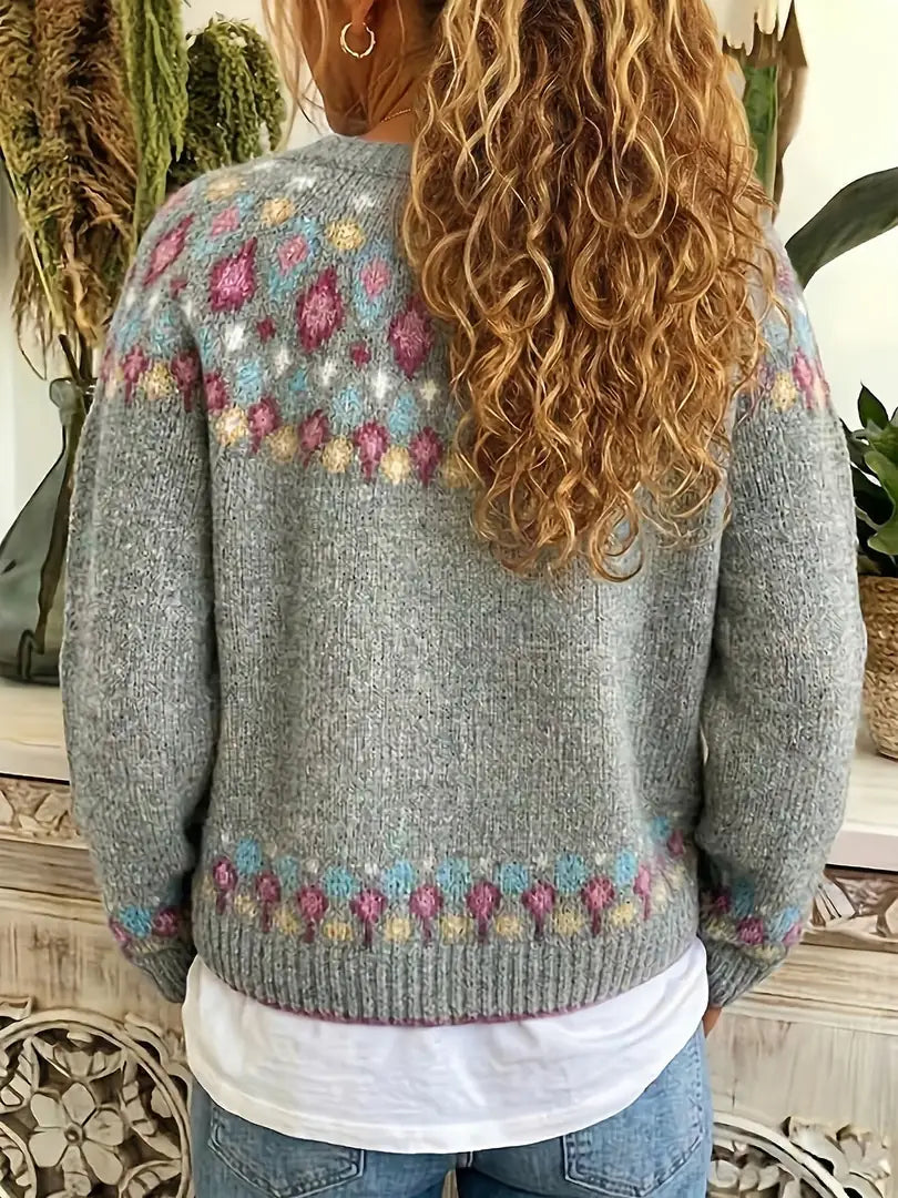 Gray Women's Nordic Fair Isle Cardigan — Dora Knit Button-Front V-Neck - Back Worn Hair