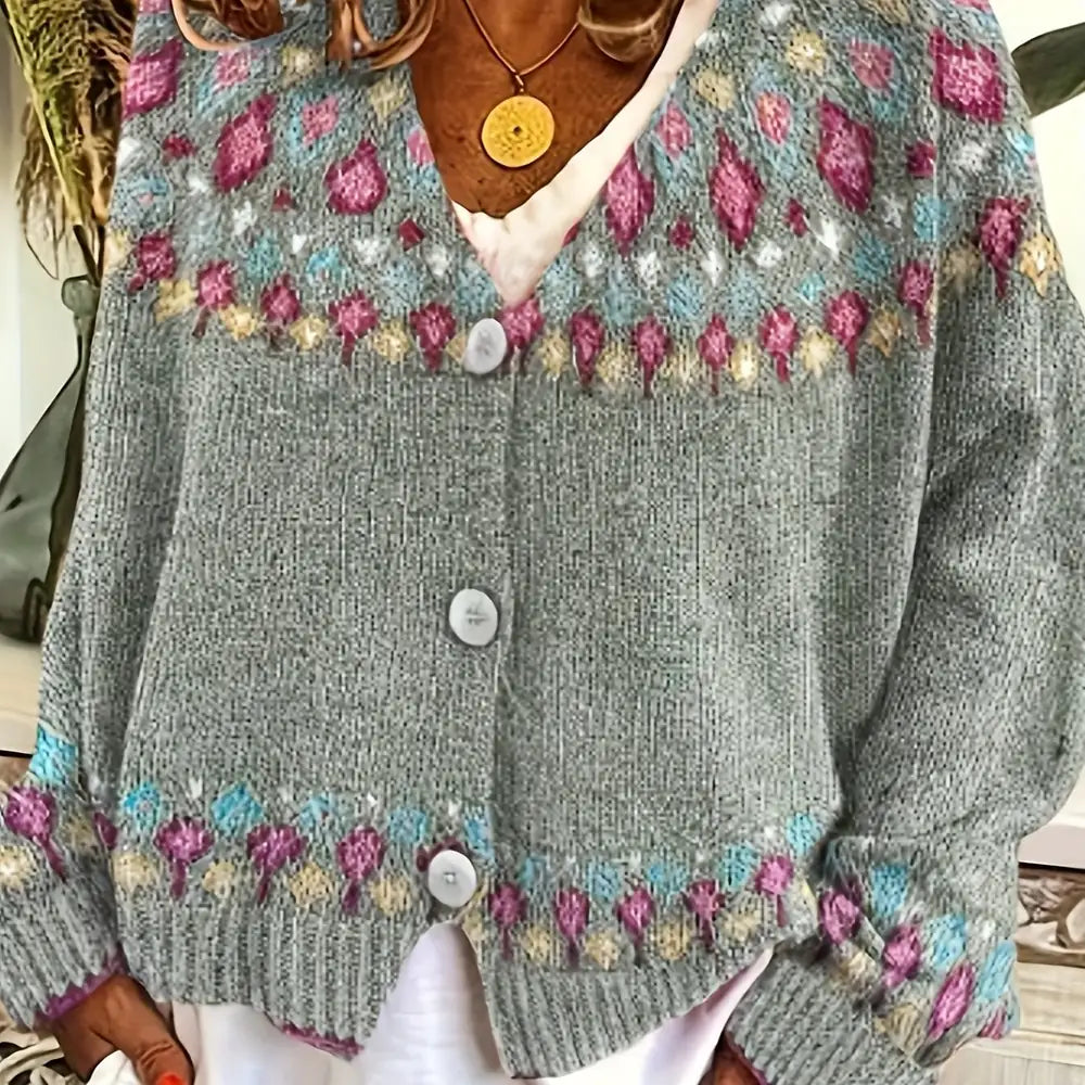 Gray Women's Nordic Fair Isle Cardigan — Dora Knit Button-Front V-Neck - Front Closeup