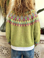 Green Women's Nordic Fair Isle Cardigan — Dora Knit Button-Front V-Neck - Back Worn Outdoor