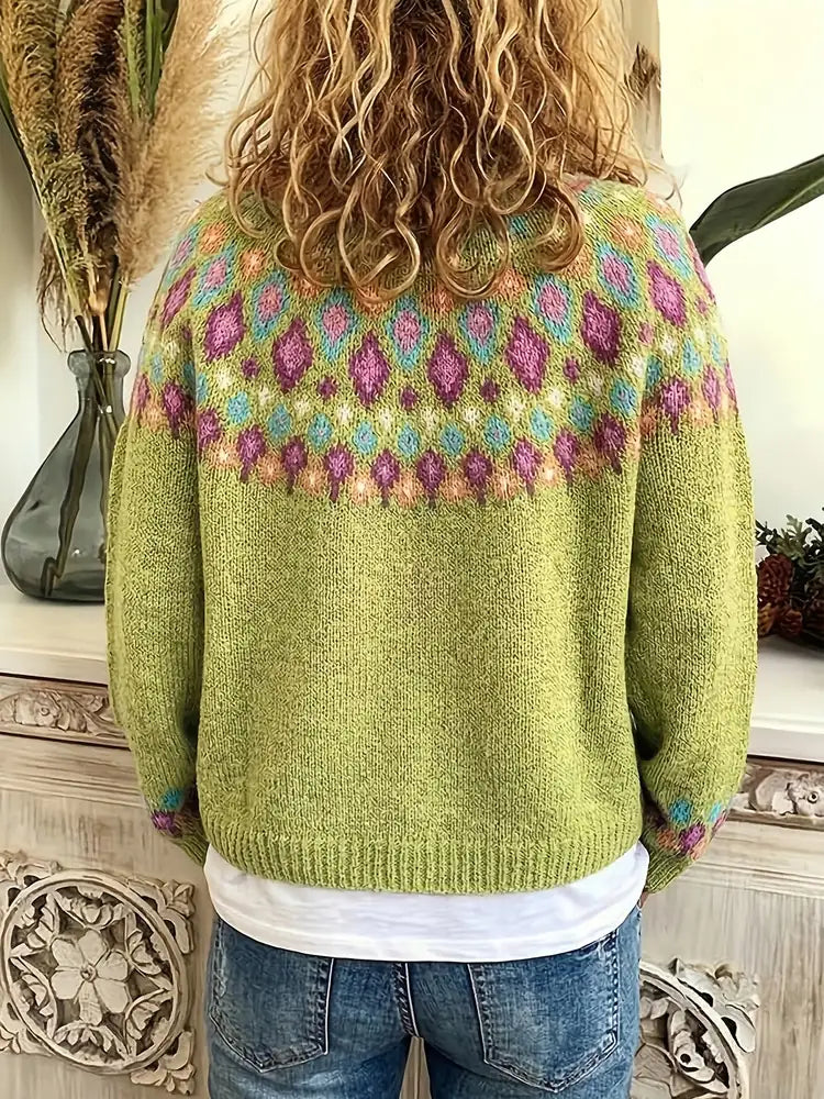 Green Women's Nordic Fair Isle Cardigan — Dora Knit Button-Front V-Neck - Back Worn Outdoor