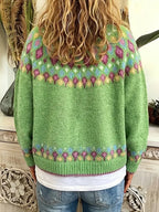 Green Women's Nordic Fair Isle Cardigan — Dora Knit Button-Front V-Neck - Back Worn Plain