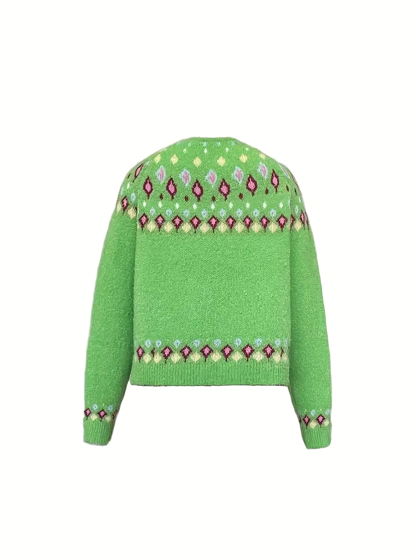 Green Women's Nordic Fair Isle Cardigan — Dora Knit Button-Front V-Neck - Flat Lay Back