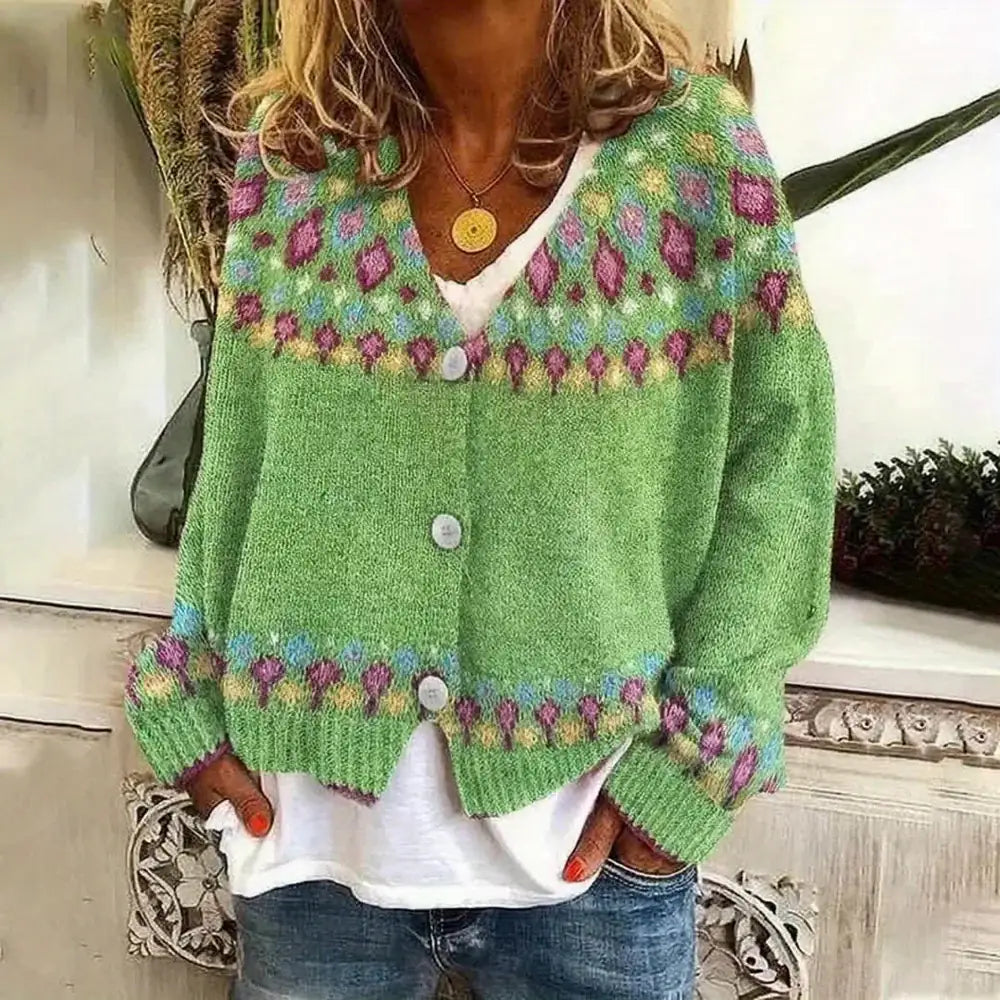 Green Women's Nordic Fair Isle Cardigan — Dora Knit Button-Front V-Neck - Front Closeup Buttons