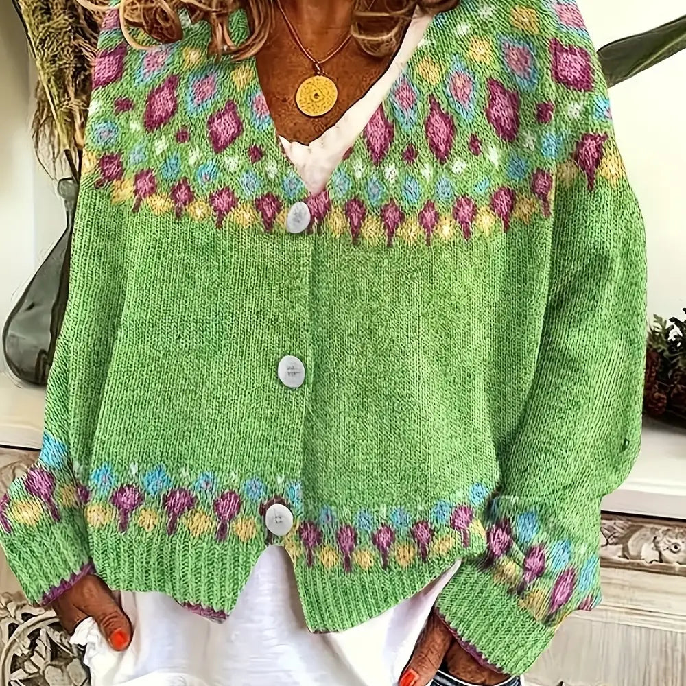 Green Women's Nordic Fair Isle Cardigan — Dora Knit Button-Front V-Neck - Front Closeup Collar