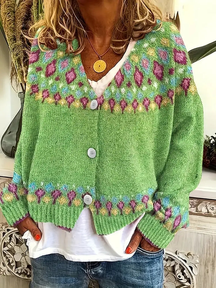 Green Women's Nordic Fair Isle Cardigan — Dora Knit Button-Front V-Neck - Front Full Worn