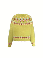 Yellow Women's Nordic Fair Isle Cardigan — Dora Knit Button-Front V-Neck - Flat Lay Back