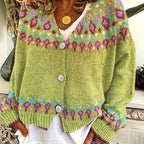 Yellow Women's Nordic Fair Isle Cardigan — Dora Knit Button-Front V-Neck - Front Closeup Pattern