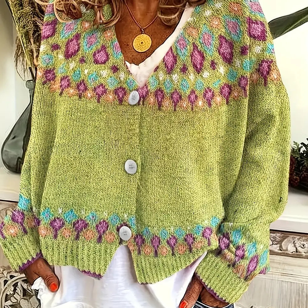 Yellow Women's Nordic Fair Isle Cardigan — Dora Knit Button-Front V-Neck - Front Closeup Pattern
