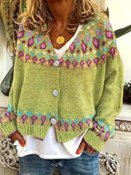 Yellow Women's Nordic Fair Isle Cardigan — Dora Knit Button-Front V-Neck - Front Worn Necklace