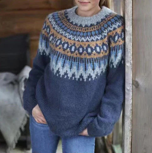 Blue Men's Nordic Wool Sweater with Fair Isle Yoke & Ribbed Cuffs — Edward