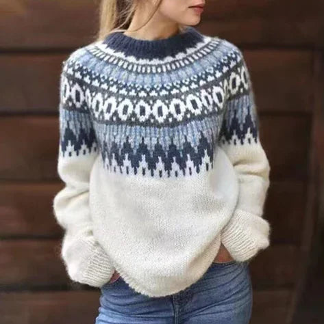 Sky Blue Men's Nordic Wool Sweater with Fair Isle Yoke & Ribbed Cuffs — Edward - Front Full Pose