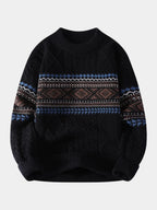 Black Men's Nordic Knit Sweater with Crew Neck & Ribbed Trims — Desmond - Front Flat Studio
