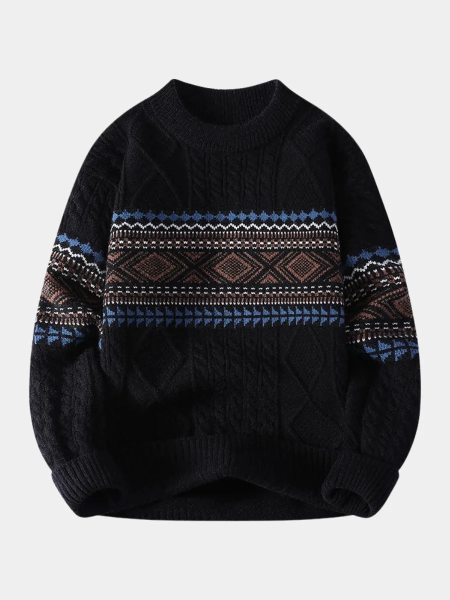 Black Men's Nordic Knit Sweater with Crew Neck & Ribbed Trims — Desmond - Front Flat Studio