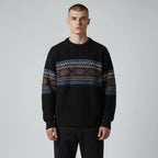 Black Men's Nordic Knit Sweater with Crew Neck & Ribbed Trims — Desmond - Worn Model Front