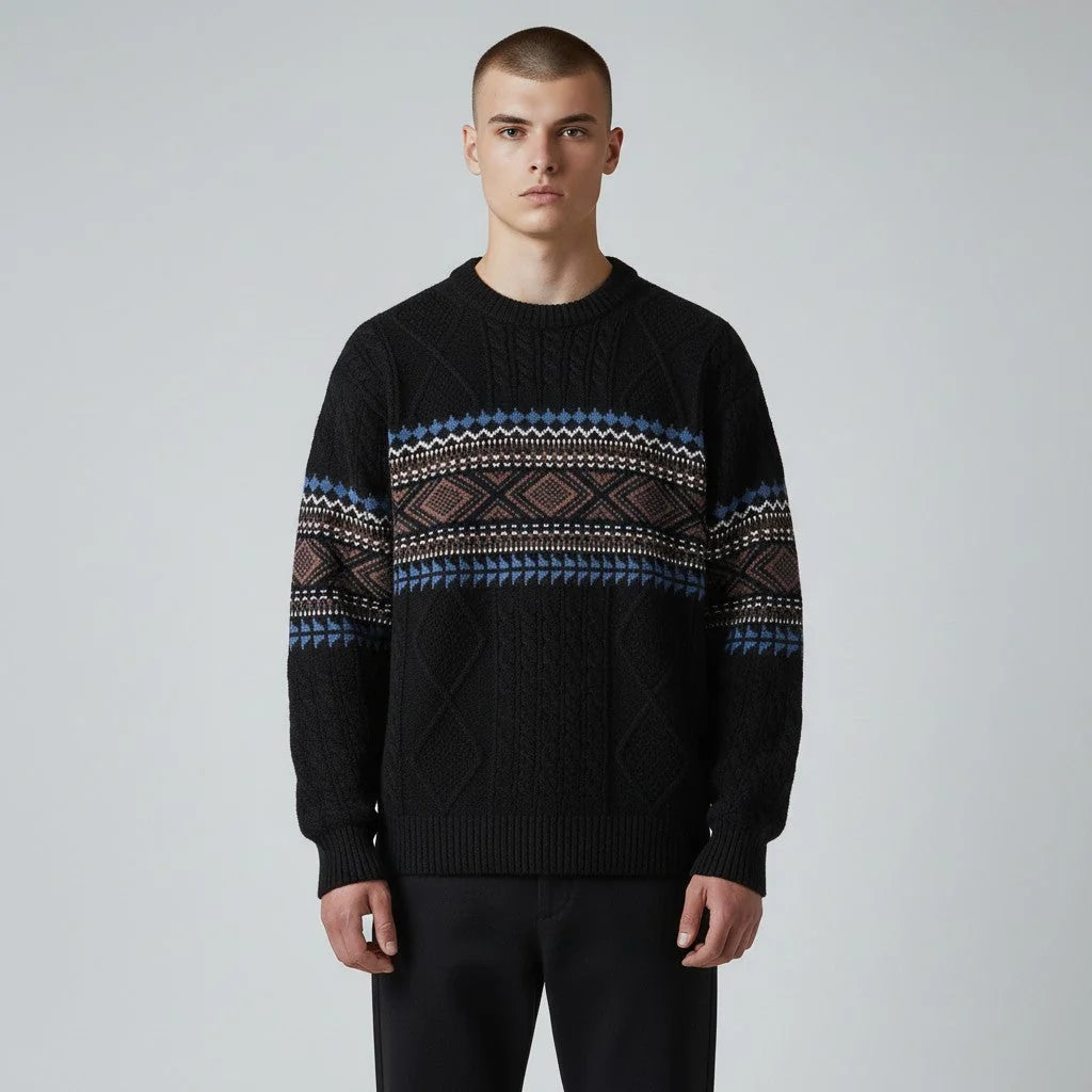 Black Men's Nordic Knit Sweater with Crew Neck & Ribbed Trims — Desmond - Worn Model Front