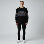 Black Men's Nordic Knit Sweater with Crew Neck & Ribbed Trims — Desmond - Worn Model Full Length