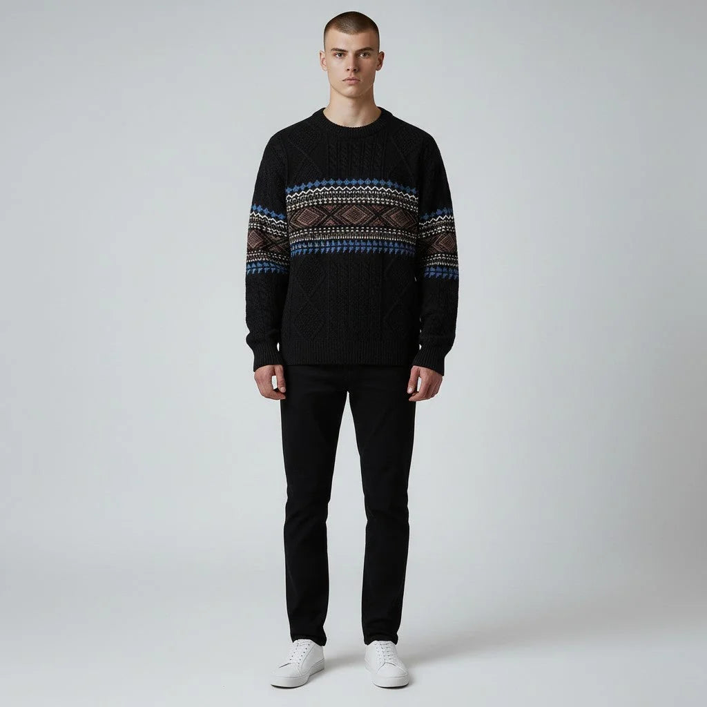 Black Men's Nordic Knit Sweater with Crew Neck & Ribbed Trims — Desmond - Worn Model Full Length